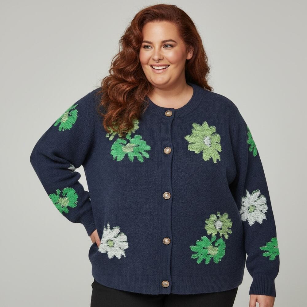 Grace + Karma Navy Textured Floral Button Front Cardigan Sweater 2X/3X NWT